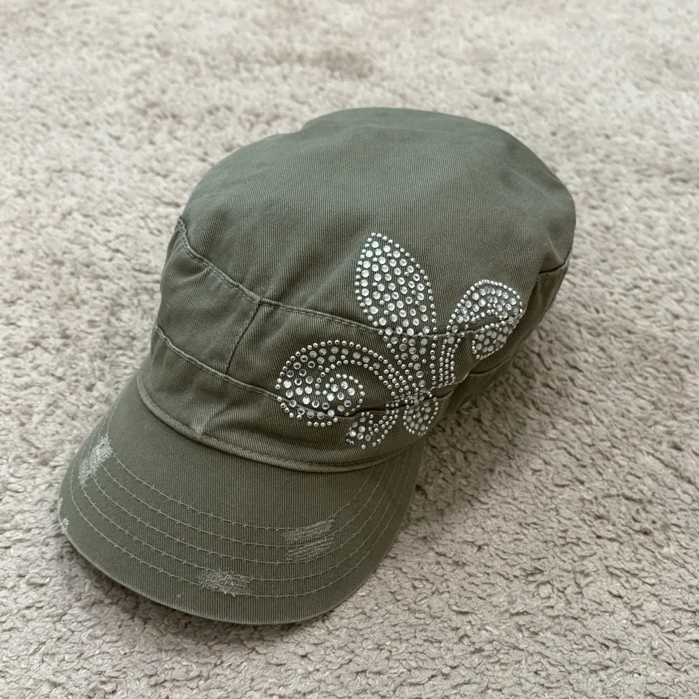 Vintage Y2K Fleur De Lis Cadet Hat Cap Adjustable Olive Green Military Style